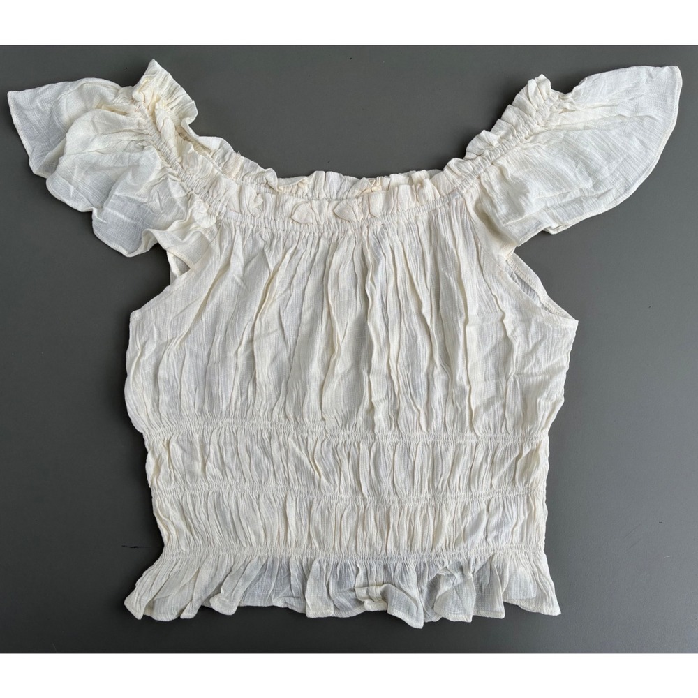 Juicy Couture Angel Top Off Shoulder Smocked Ruffle Blouse Cream Y2K Coquette